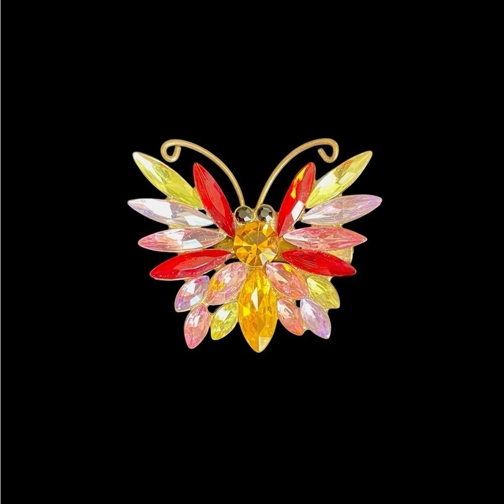 Vintage Brooch, Butterfly Encrusted with Multi-Colored Oval Rhinestones,
